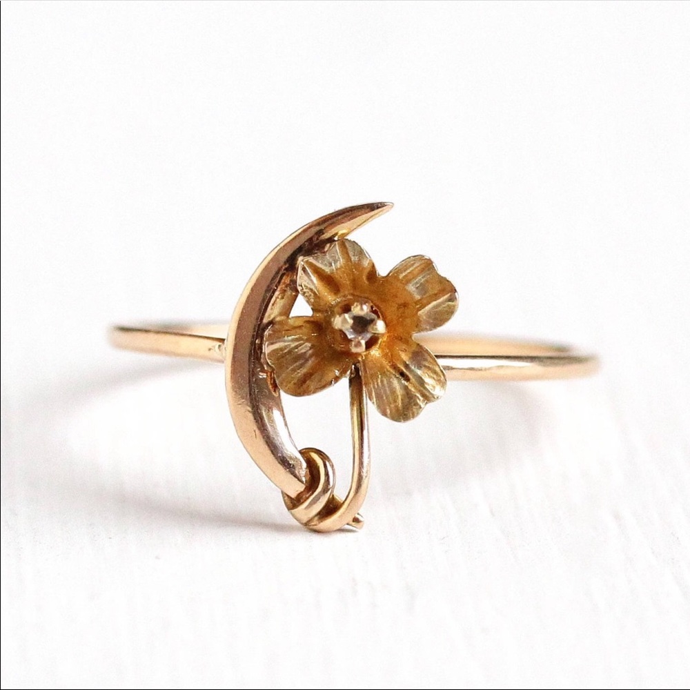 Antique Crescent Moon & Shamrock Diamond Ring 10k